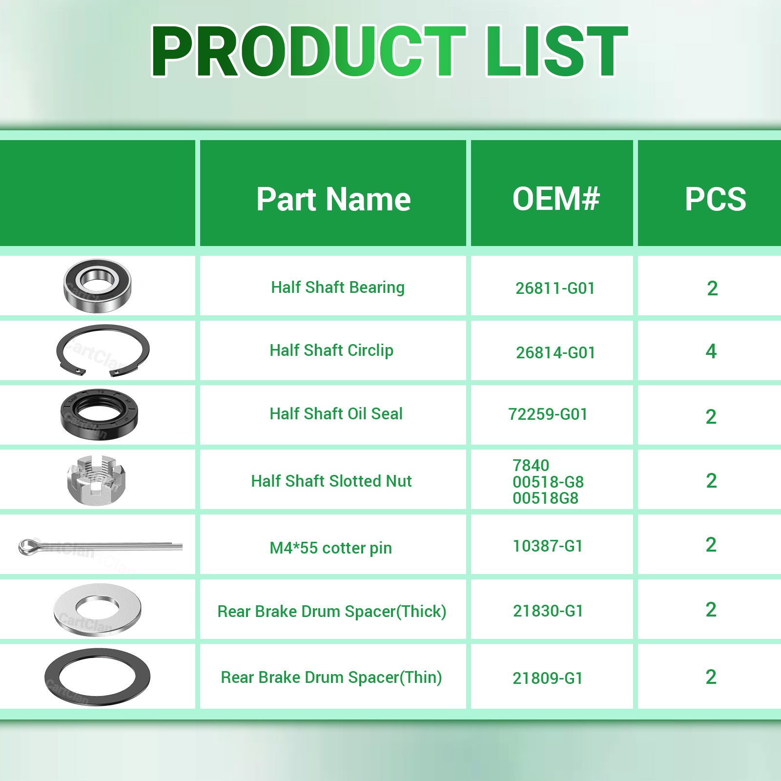EZGO TXT Gas Golf Cart Long and Short Half Shafts with Bearings Oil Seal Circlip Kit, OEM #26811-G01 |Drive-up