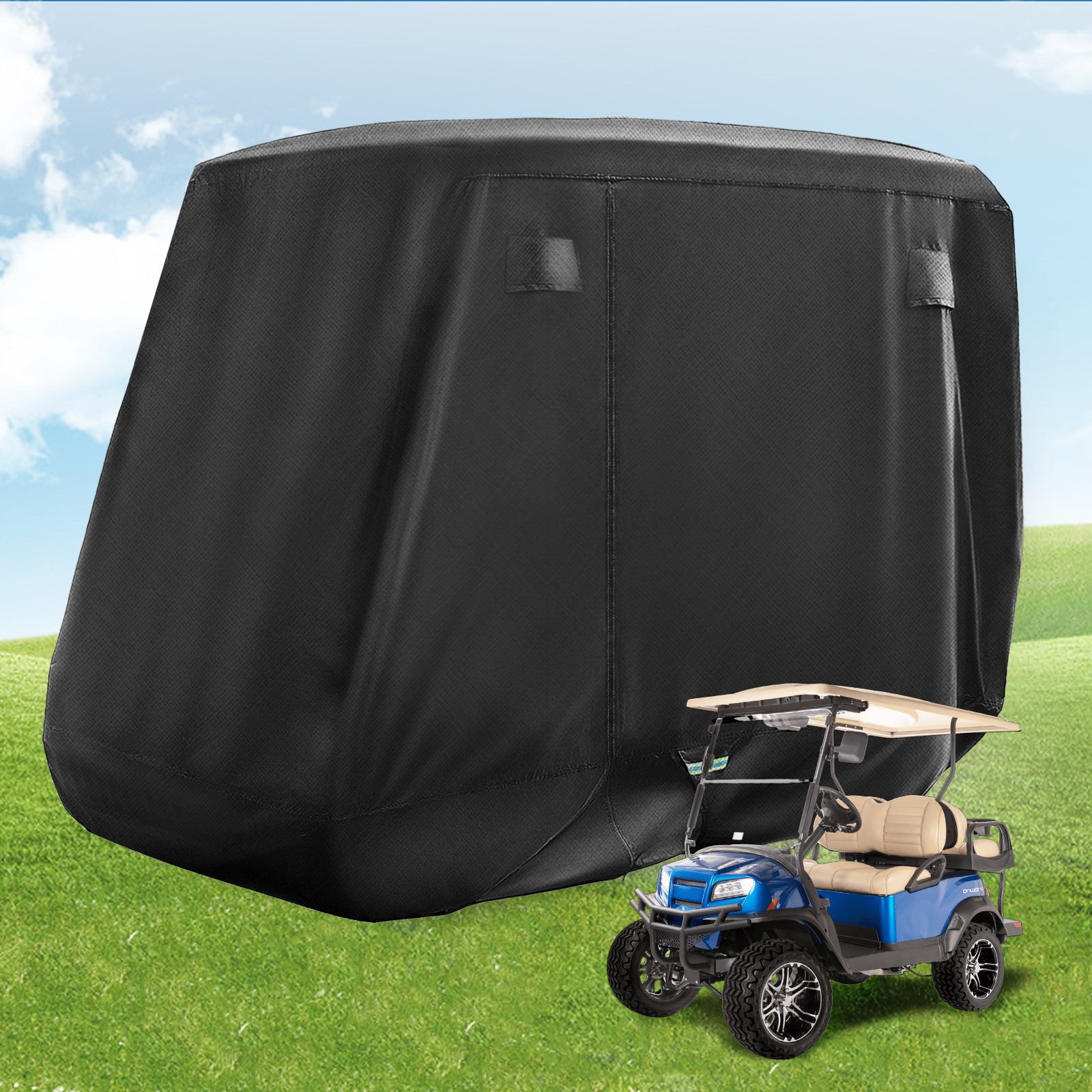 Universal Golf Cart Cover with Doors and Reflective Stripes, 600D Waterproof 2/4 Passenger for Club Car, EZGO, Yamaha - Black |Drive-up