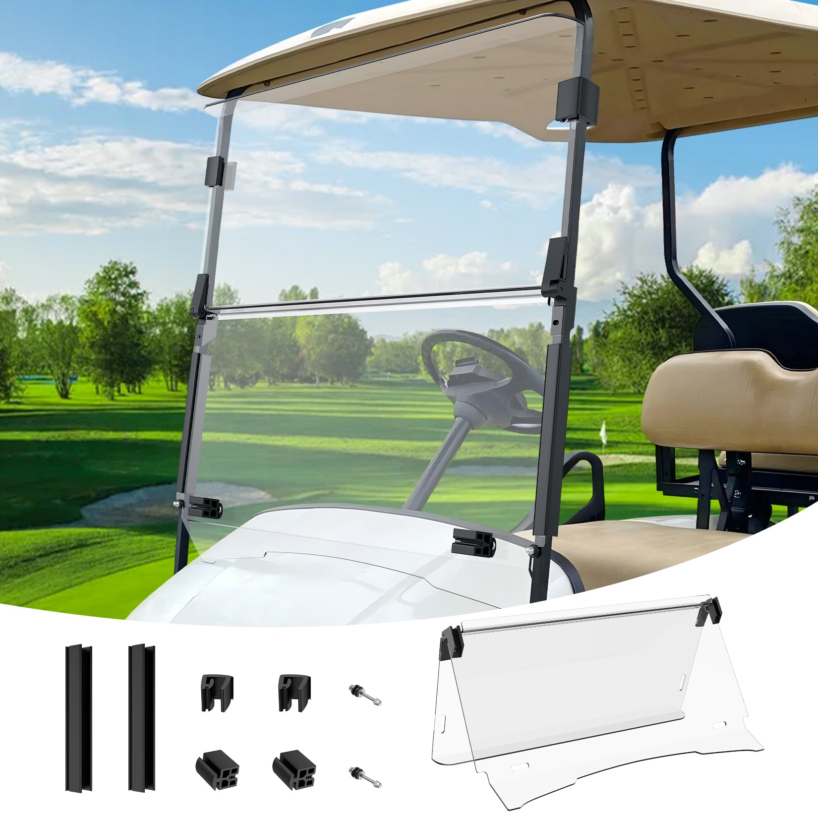 Golf Cart EZGO TXT Windshield For DCS, PDS 1995-2013 G&E Models, Clear Down Windshield Foldable Anti-UV Protection and Impact Resistant |Drive-up