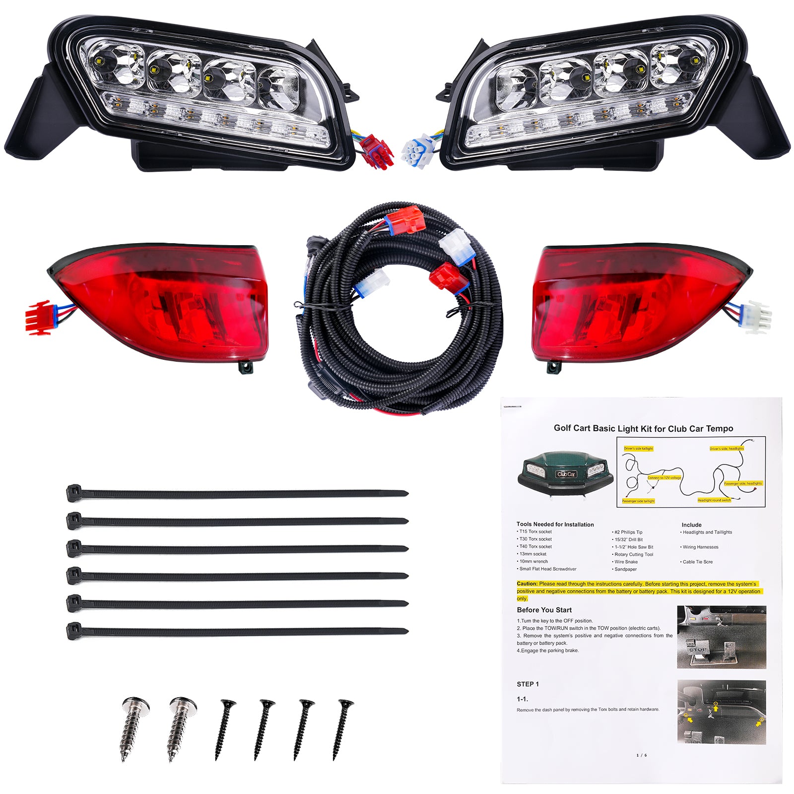 Golf Cart Club Car LED Light Kit, Tempo LED Headlight and Tail Light with Harness G&E Models |Drive-up