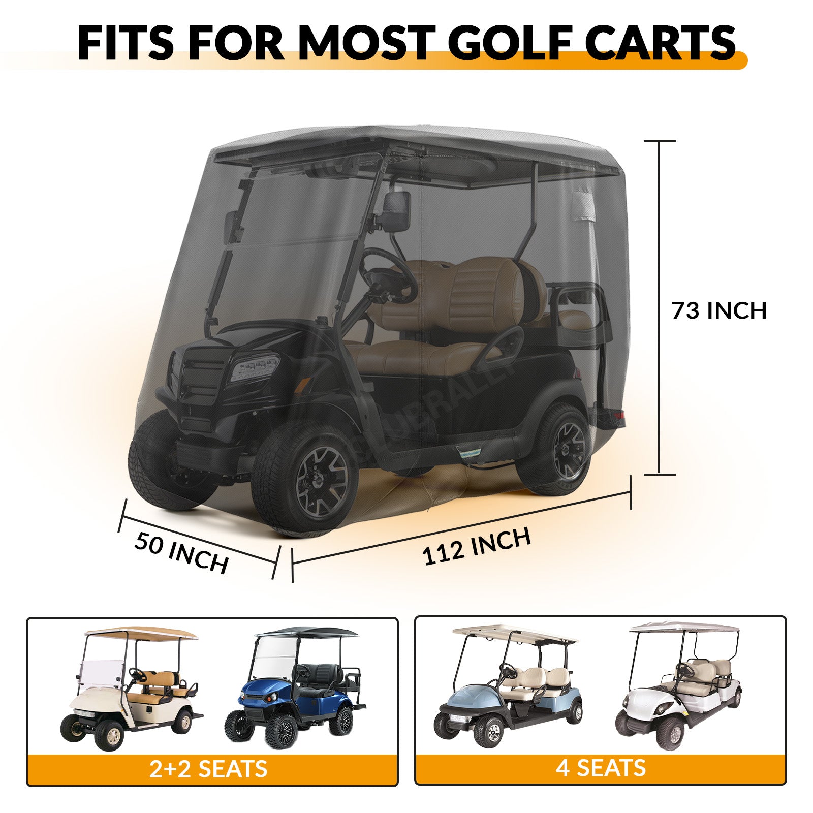 Universal Golf Cart Cover with Doors and Reflective Stripes, 600D Waterproof 2/4 Passenger for Club Car, EZGO, Yamaha - Black |Drive-up