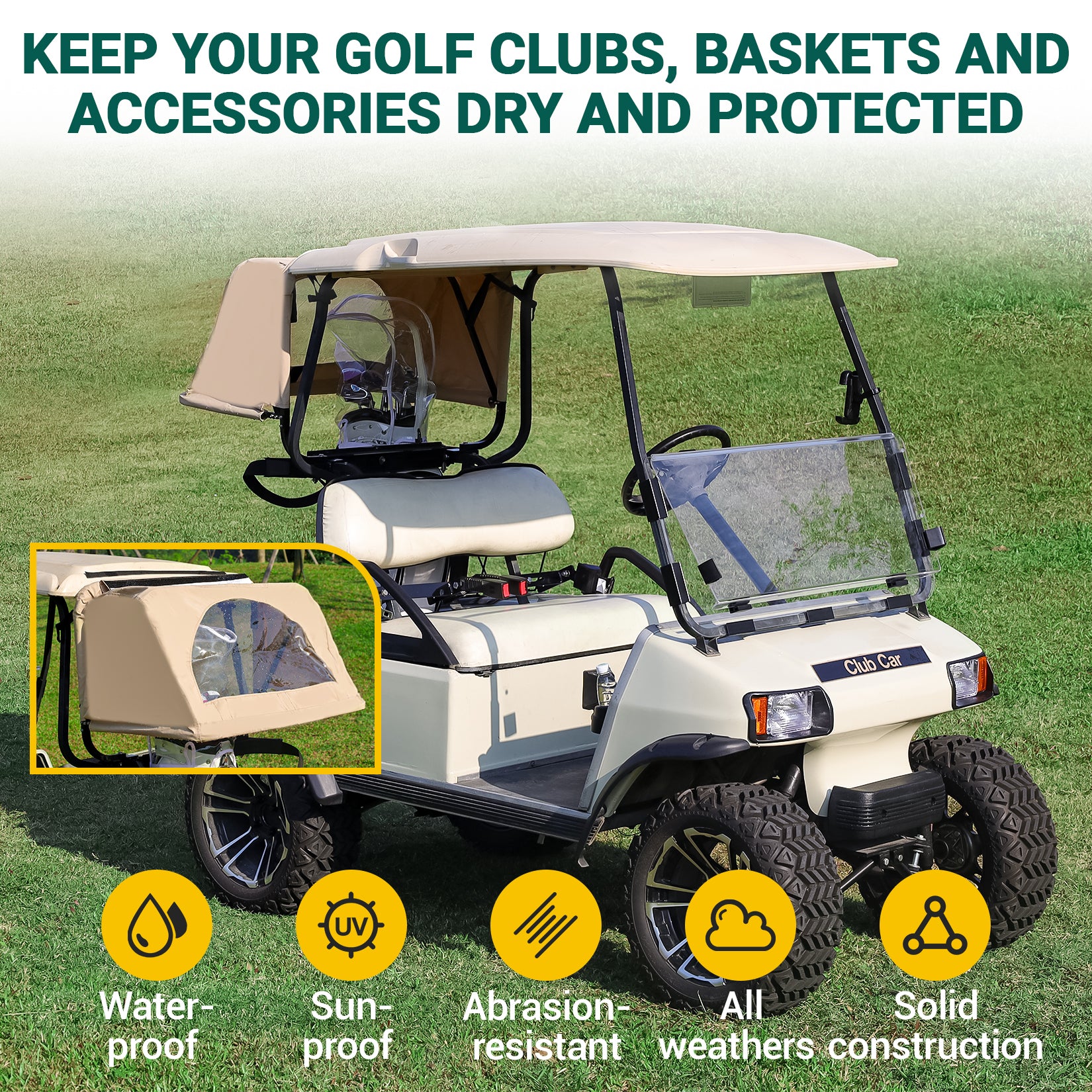 Drive-up Golf Cart Universal Rear Bag Rain Cover, Foldable Rain Cover - Beige