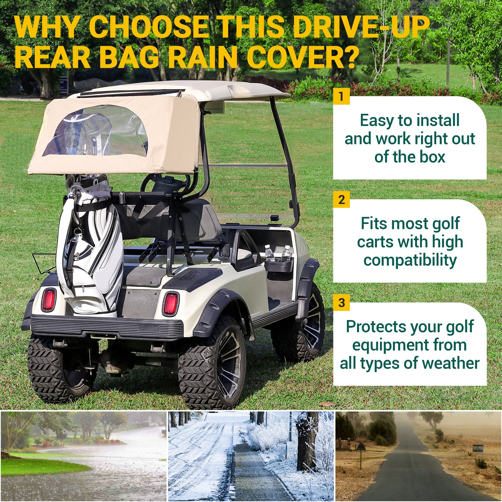 Drive-up Golf Cart Universal Rear Bag Rain Cover, Foldable Rain Cover - Beige