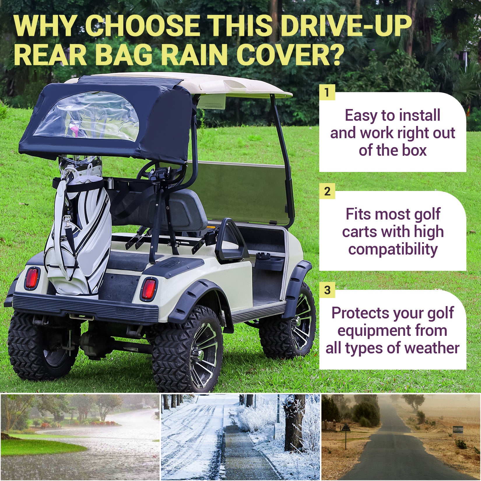 Drive-up Golf Cart Universal Rear Bag Rain Cover, Foldable Rain Cover - Black