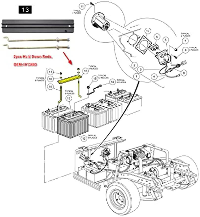 Hold Down Plate and Rod Kit Washers & Nuts,for Club Car Electric DS&Carryall