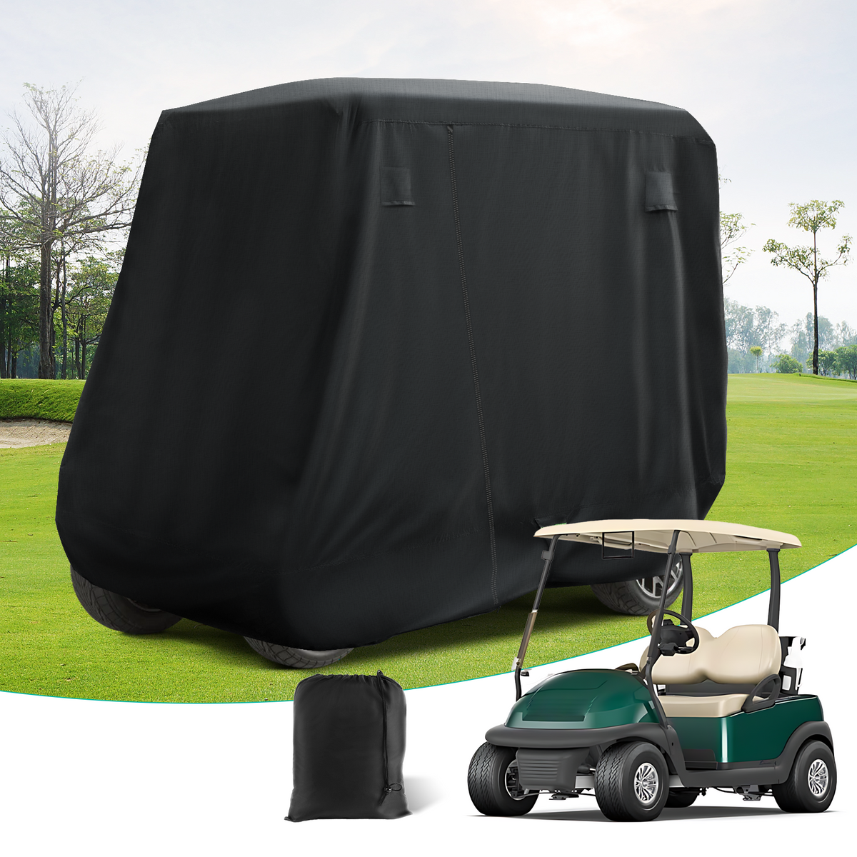 Universal Golf Cart Cover For 2/4 Passenger Yamaha Club Car EZGO, 420D Waterproof Polyester Cover with Zipper Doors, Dustproof, Sunproof, Windproof |Drive-up