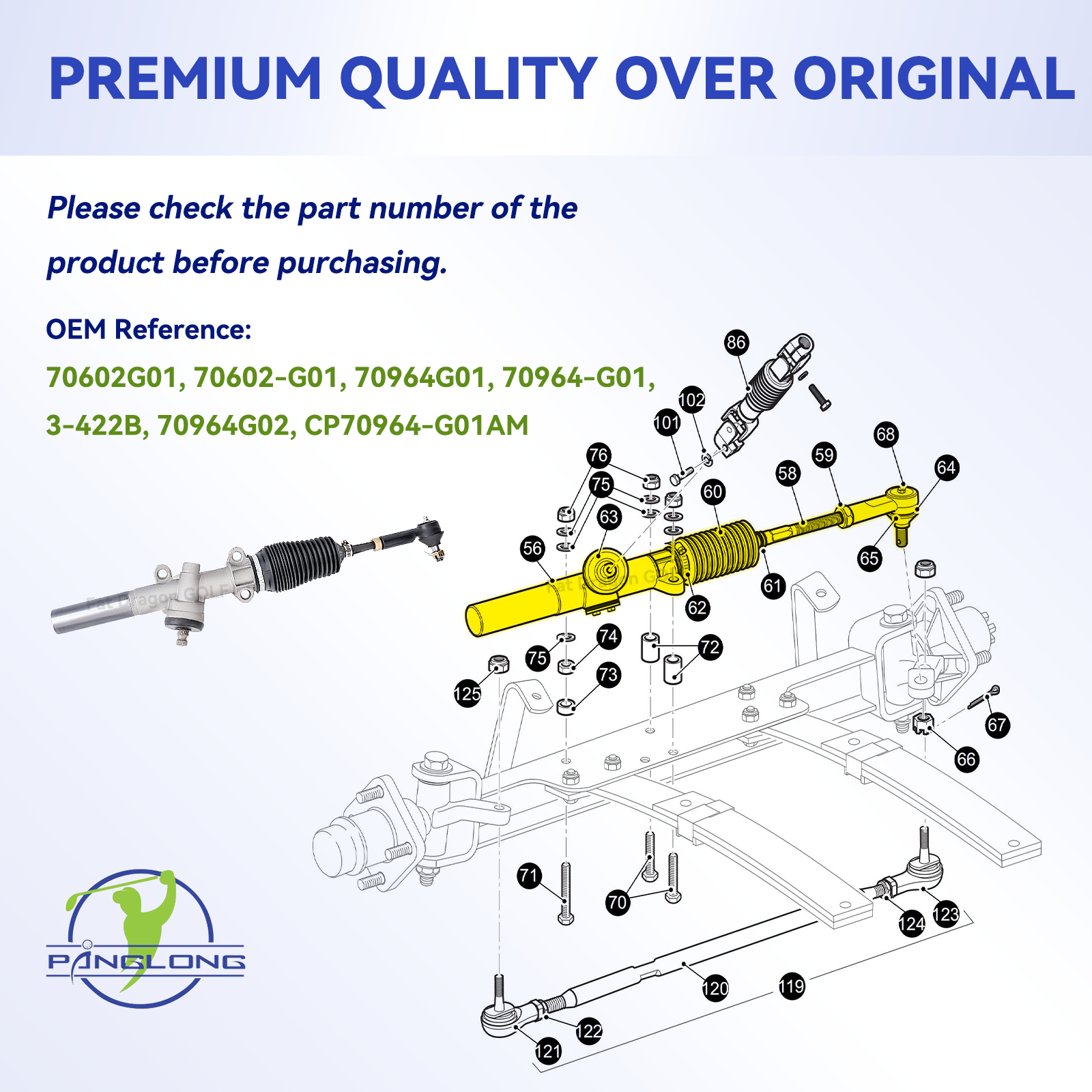 Drive-up EZGO Steering Rack, EZGO TXT Steering Box with Ball Joint and Latch, Suitable for 2001-Newer EZGO TXT and Workhorse Gas or Electric Carts, OEM #70602G01, 70602-G01, 70964G01, 70964G02