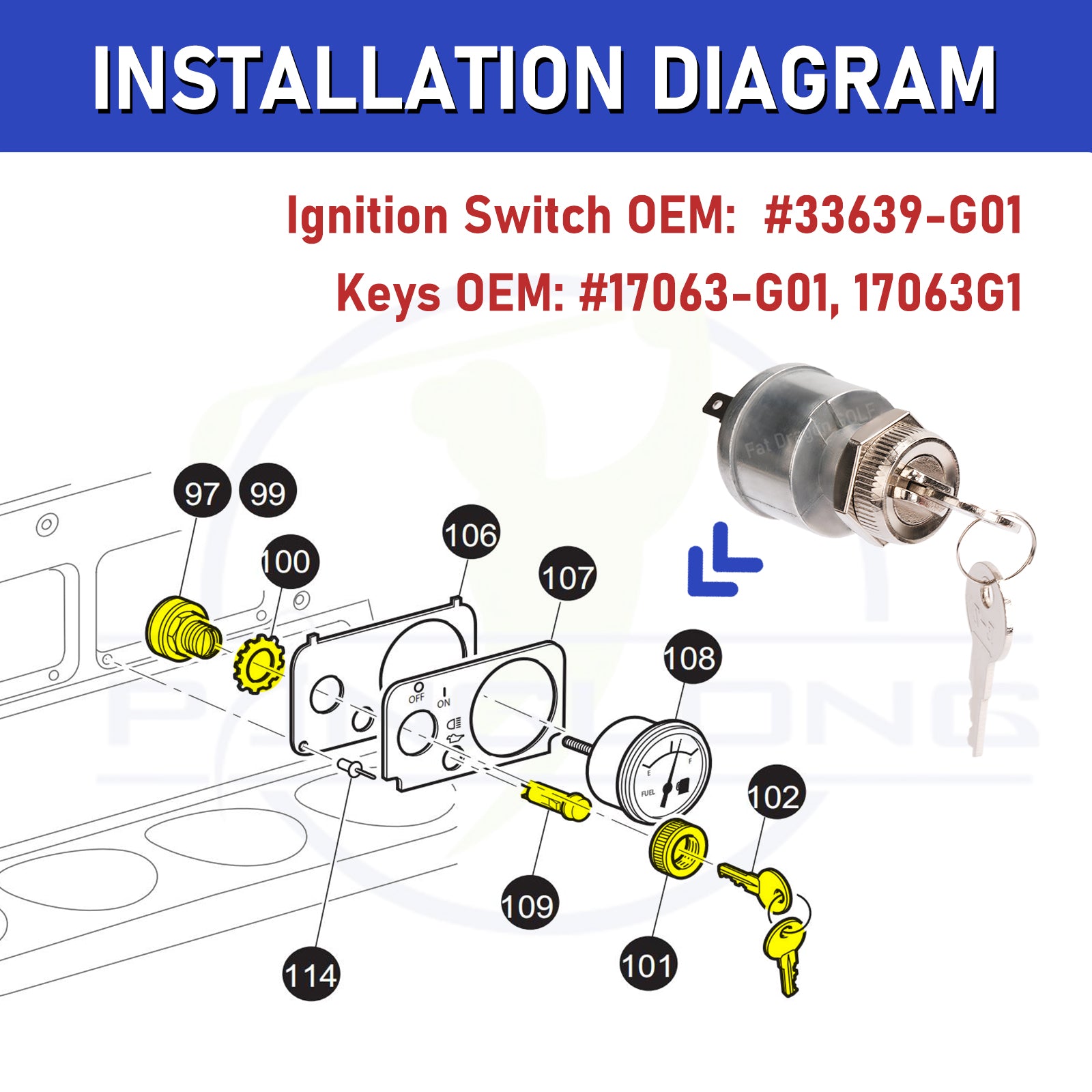 Drive-up EZGO TXT Ignition Switch, EZGO TXT Key with Switch, Suitable for 1981-up EZGO TXT, Medalist, Workhorse, ST, Shuttle, and Marathon; Replace OEM #33639-G01