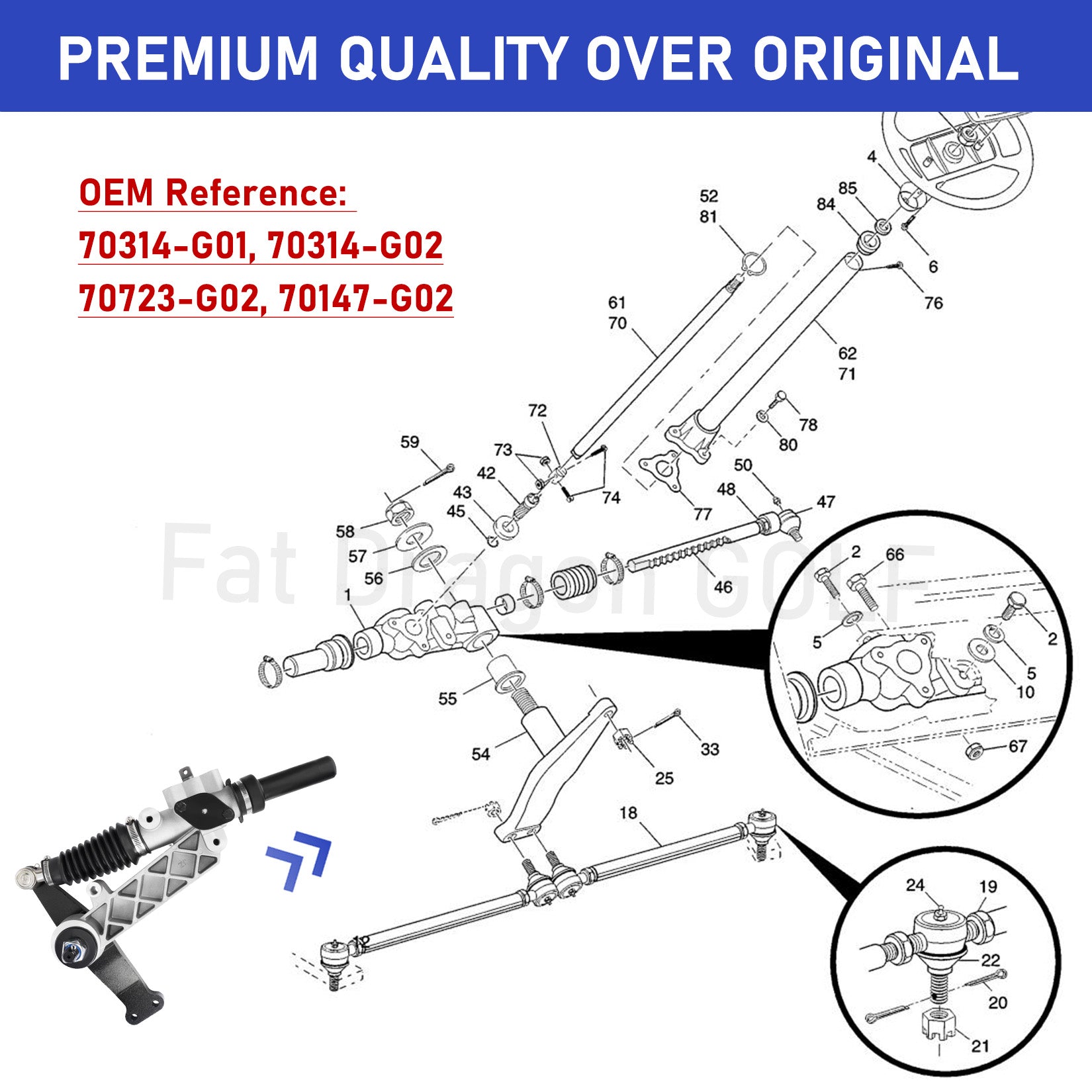 Drive-up EZGO Steering Rack, Golf Cart Steering Rack Suitable for 1994.6-2001 EZGO TXT and Medalist Golf Cart, OEM #70314-G01, 70314-G02, 70723-G02, 70147-G02