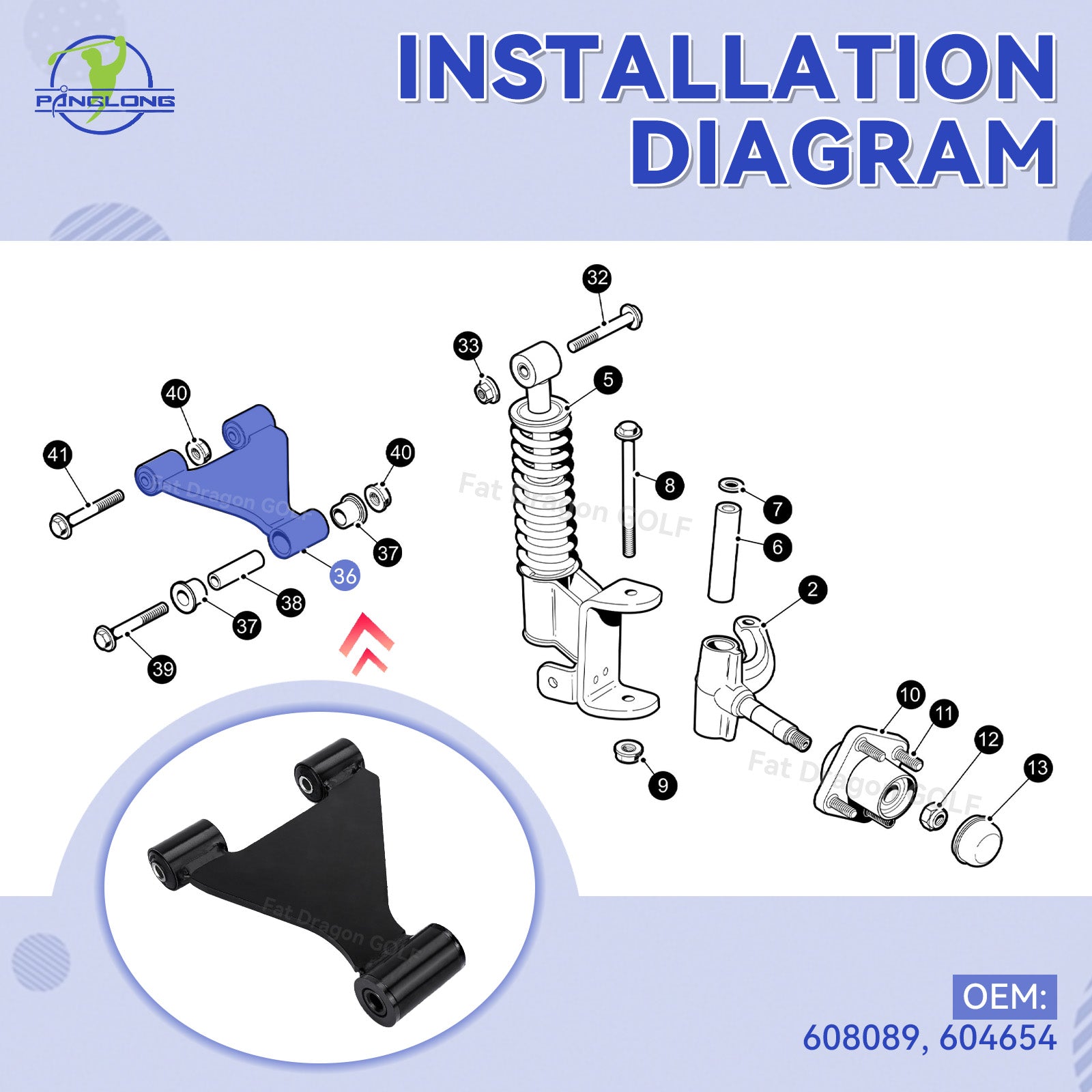 Drive-up EZGO RXV Front Control A-Arm Assembly, Front Suspension A-Arm with Bushings and Sleeve-1PC, Suitable for 2008-up EZ GO RXV Gas and Electric Golf Cart, Replace OEM# 608089, 604654