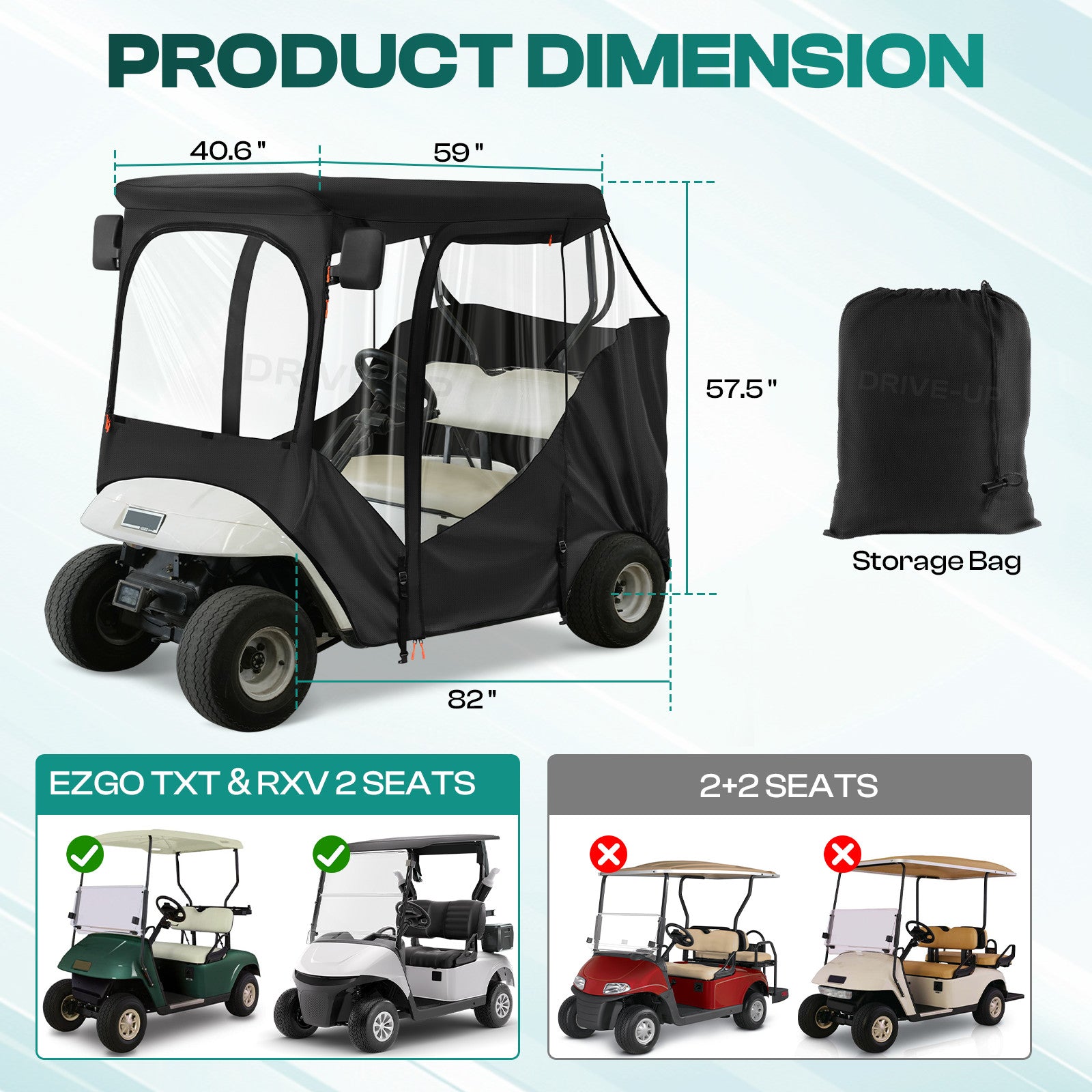 EZGO RXV&TXT Driving Enclosure Fits for 2 Passengers, 600D Golf Cart Rain Cover with 2 Zippered Doors & 4-Sided Clear PVC Windows |Drive-up