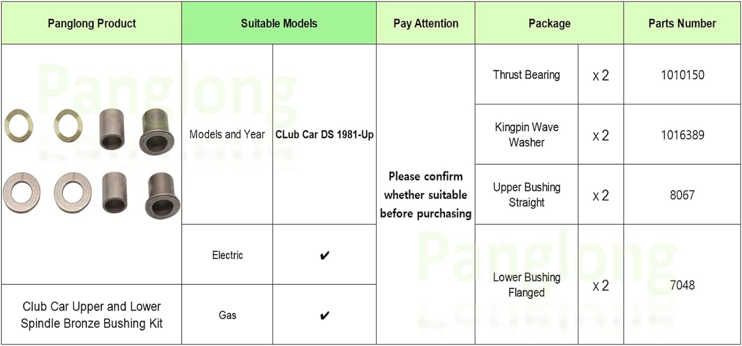 Panglong Golf Cart Upper and Lower Spindle Bronze Bushing Kit Fits 1981-Up Club Car DS Golf Carts Replace OEM#1010150 1016389 8067 7048