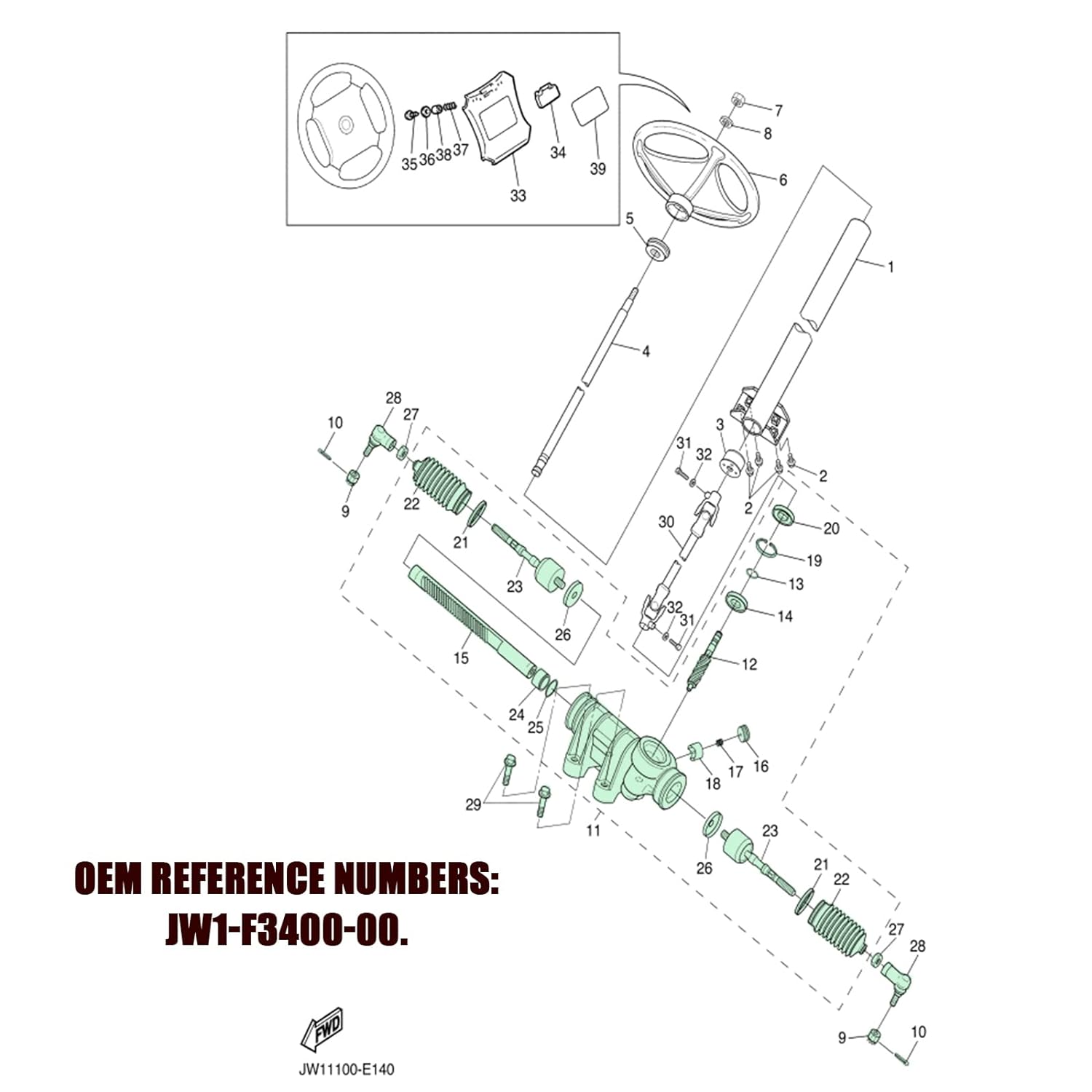 Steering Box Assembly, Suitable for Yamaha Drive G29 Gas or Electric Golf, Replace OEM# JW1-F3400-00