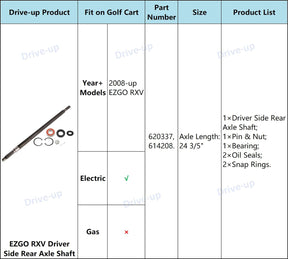 EZGO RXV Rear Spline Axle Shaft for Electric Golf Cart 2008-Up Driver Side OEM 620337 614208