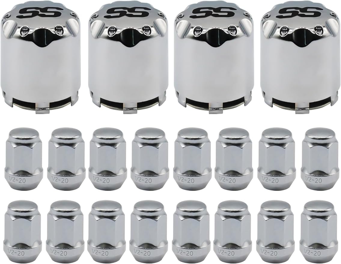 Chrome Golf Cart Center Caps & Wheel Lug Nuts Kit, 4 PCS ITP SS Wheel Hub Cap and 16 PCS Lug Nut for EZGO, Club Car…