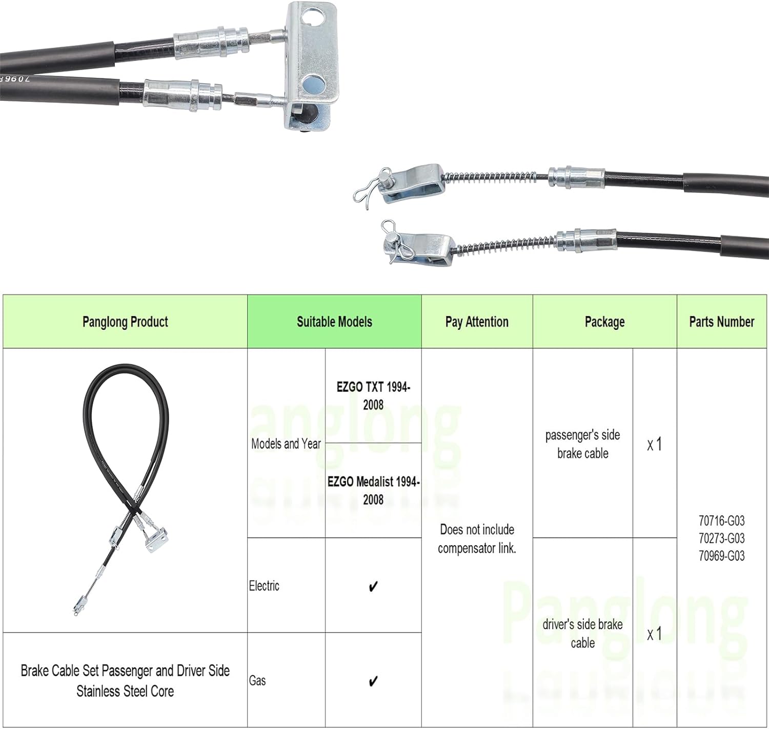 Panglong EZGO TXT Brake Cable Set Passenger and Driver Side Stainless Steel Core for Marathon Medalist Golf Cart 1994-2008 OEM#70969-G03 70716-G03 70273-G03