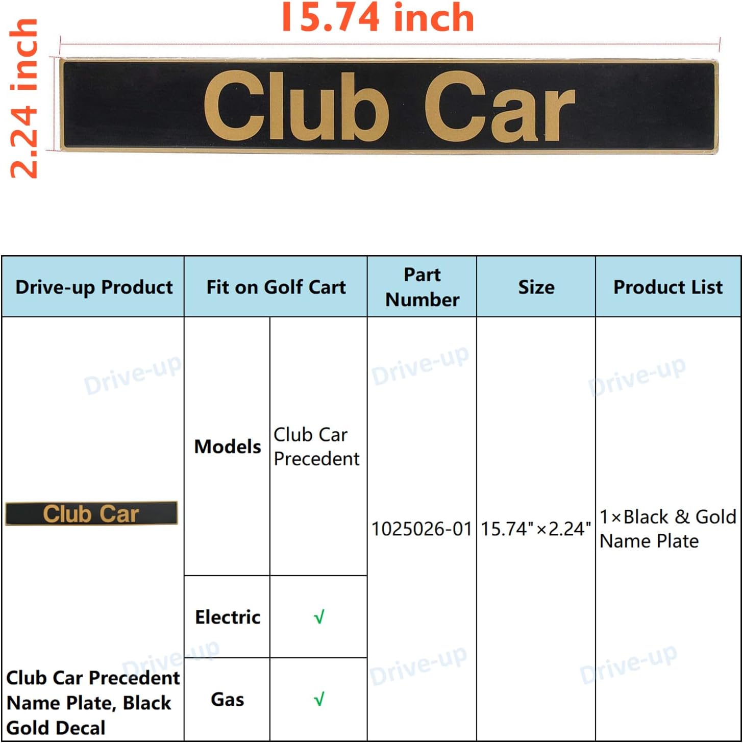 Drive-up Name Plate,Black Gold Decal for Club Car Precedent Golf Cart-15.74"×2.24" Emblem