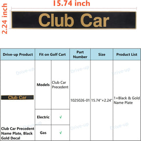 Drive-up Name Plate,Black Gold Decal for Club Car Precedent Golf Cart-15.74"×2.24" Emblem