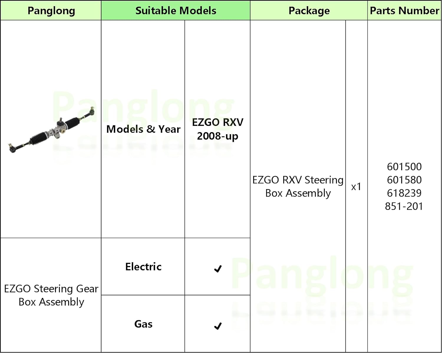 Panglong Steering Gear Box Assembly for Golf Cart 2008-Up EZGO RXV Gas and Electric Carts 601500