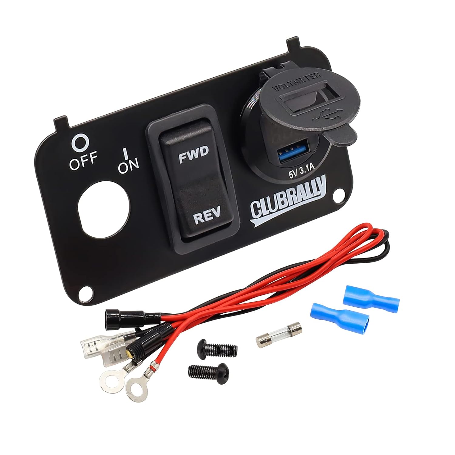 Golf Cart Key Switch Console Plate, Include DC 9V-48V 3.1A Fast Charge Dual USB Charger Sockets & LED Digital Voltmeter & Forward Reverse Switch, Fit EZGO TXT & Medalist PDS（Black）