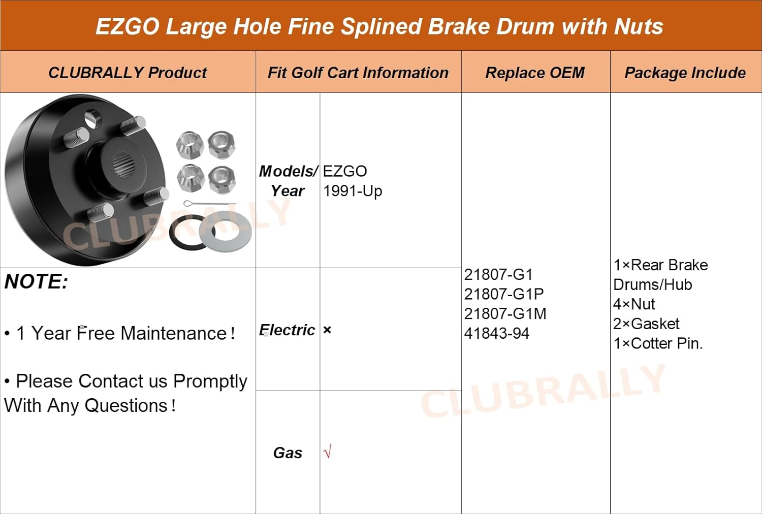 Drive-up Golf Cart Brake Drum, Large Hole Fine Splined Brake Drum Assembly for 1991-Up 4 Cycle Gas EZGO Golf Cart, OEM #21807-G1