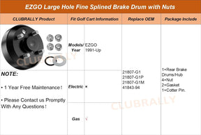 Drive-up Golf Cart Brake Drum, Large Hole Fine Splined Brake Drum Assembly for 1991-Up 4 Cycle Gas EZGO Golf Cart, OEM #21807-G1