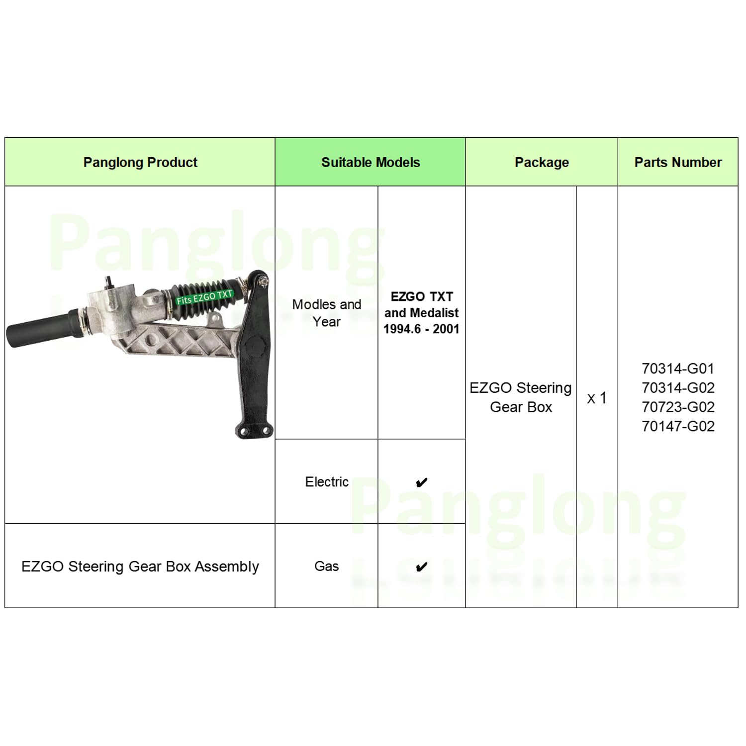 Panglong Golf Cart Steering Gear Box Assembly Fits EZGO TXT and Medalist 1994.6-2001 OEM# 70314-G01 70314-G02 70723-G02