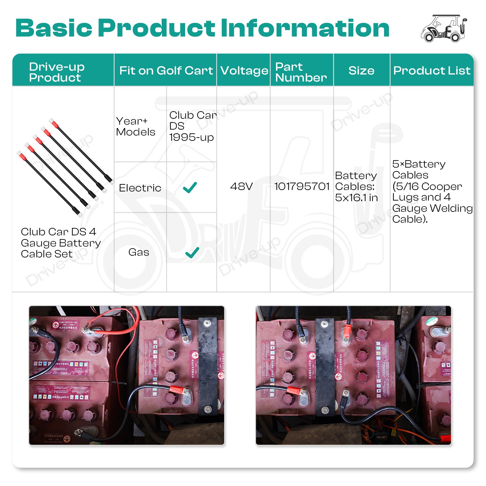 Drive-up Golf Cart Battery Cable Set for Club Car DS 1995-Up 48 Volt 4 Gauge (Set of 5)