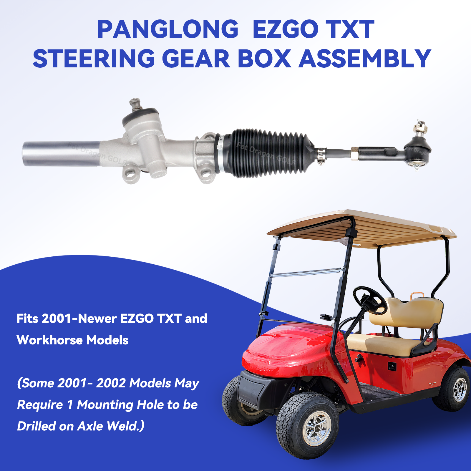 Drive-up EZGO Steering Rack, EZGO TXT Steering Box with Ball Joint and Latch, Suitable for 2001-Newer EZGO TXT and Workhorse Gas or Electric Carts, OEM #70602G01, 70602-G01, 70964G01, 70964G02