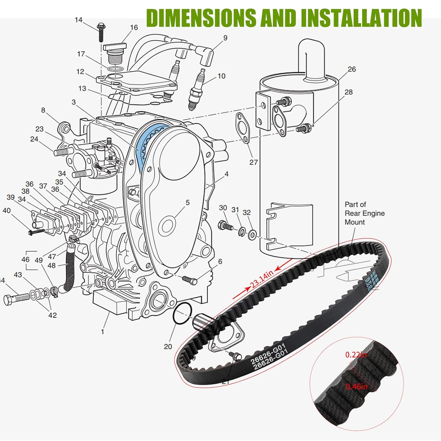 EZGO Timing Belt Gas Golf Cart 1991-up 295cc & 350cc 4 Cycle Engine 26626-G01