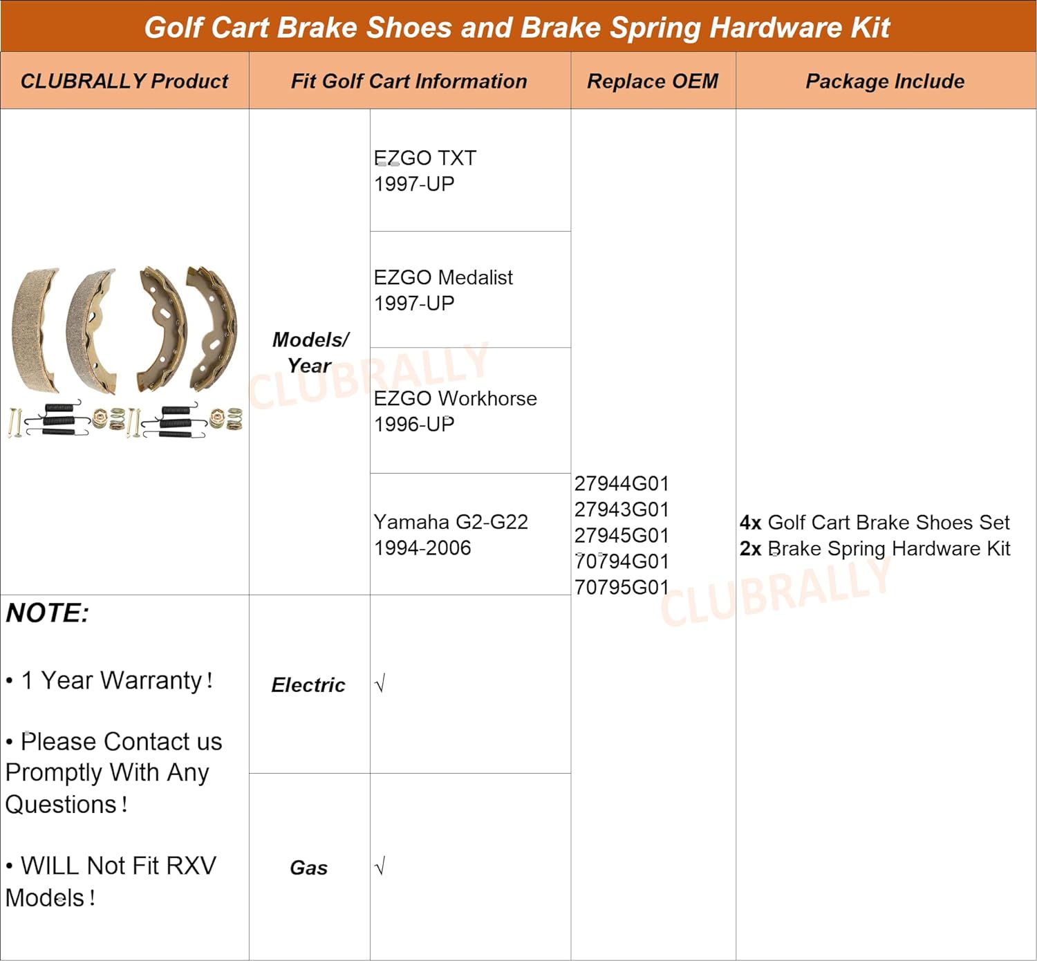 DRIVE-UP Brake Shoes&Bendex Drum Brake Spring Hardware Kit Fit E-Z-Go Medalist/TXT 97+, Workhorse 96+, Yamaha G2-G22 94-06 27943G01 70795G01 27944-G01