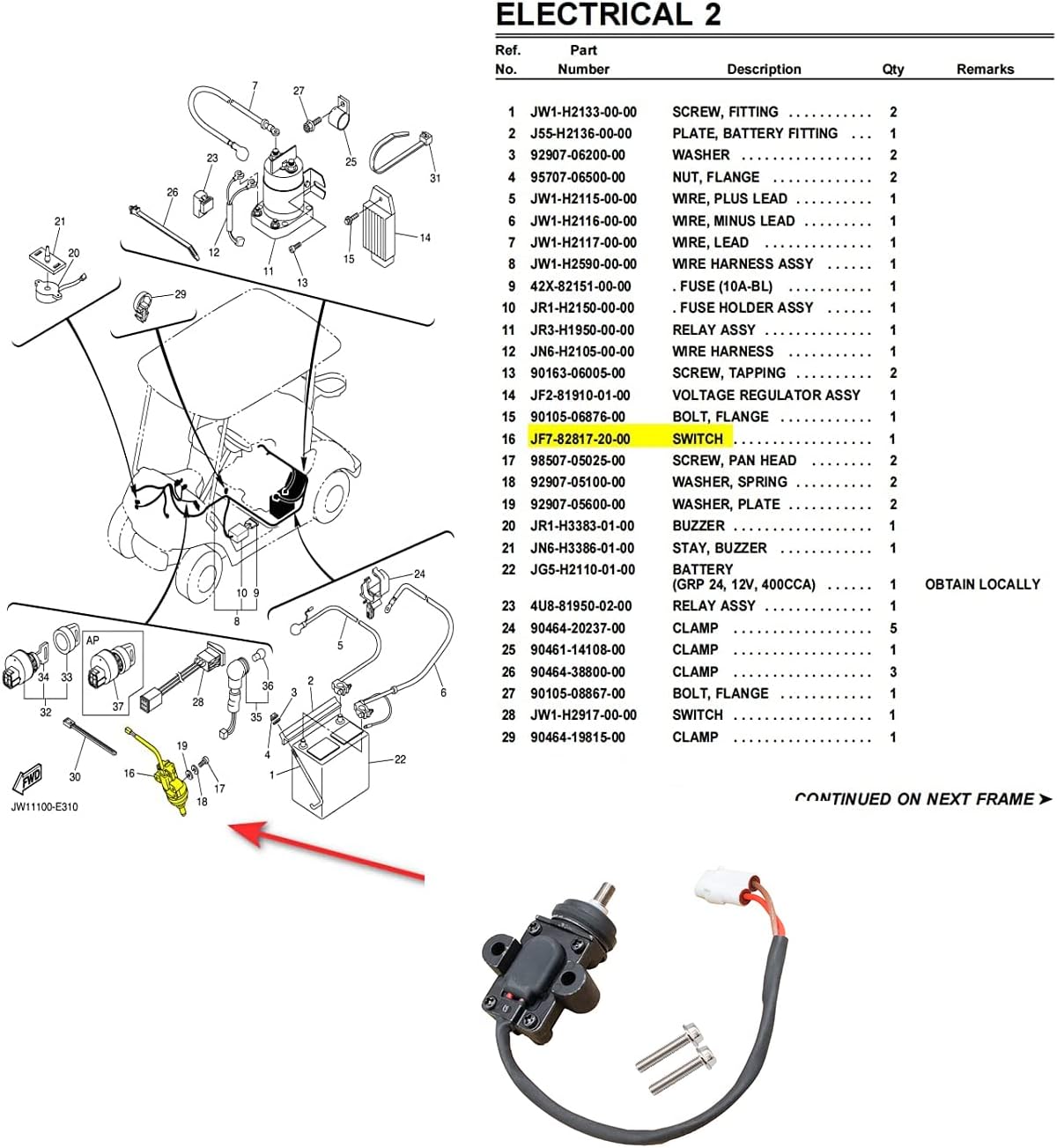 Drive-up Golf Cart Yamaha Stop Switch G14, G16, G19, G22 G29 Gas/Electric Models, JF7-82817-20