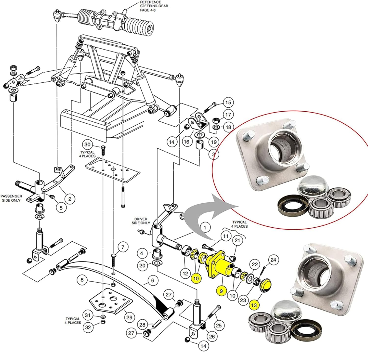 Panglong Club Car DS Front Hub Assembly, Aluminum Front Hub and Bearing 1pcs or 2pcs, Suitable for 1974-2003 Club Car DS Golf Carts, Replace OEM#1011892