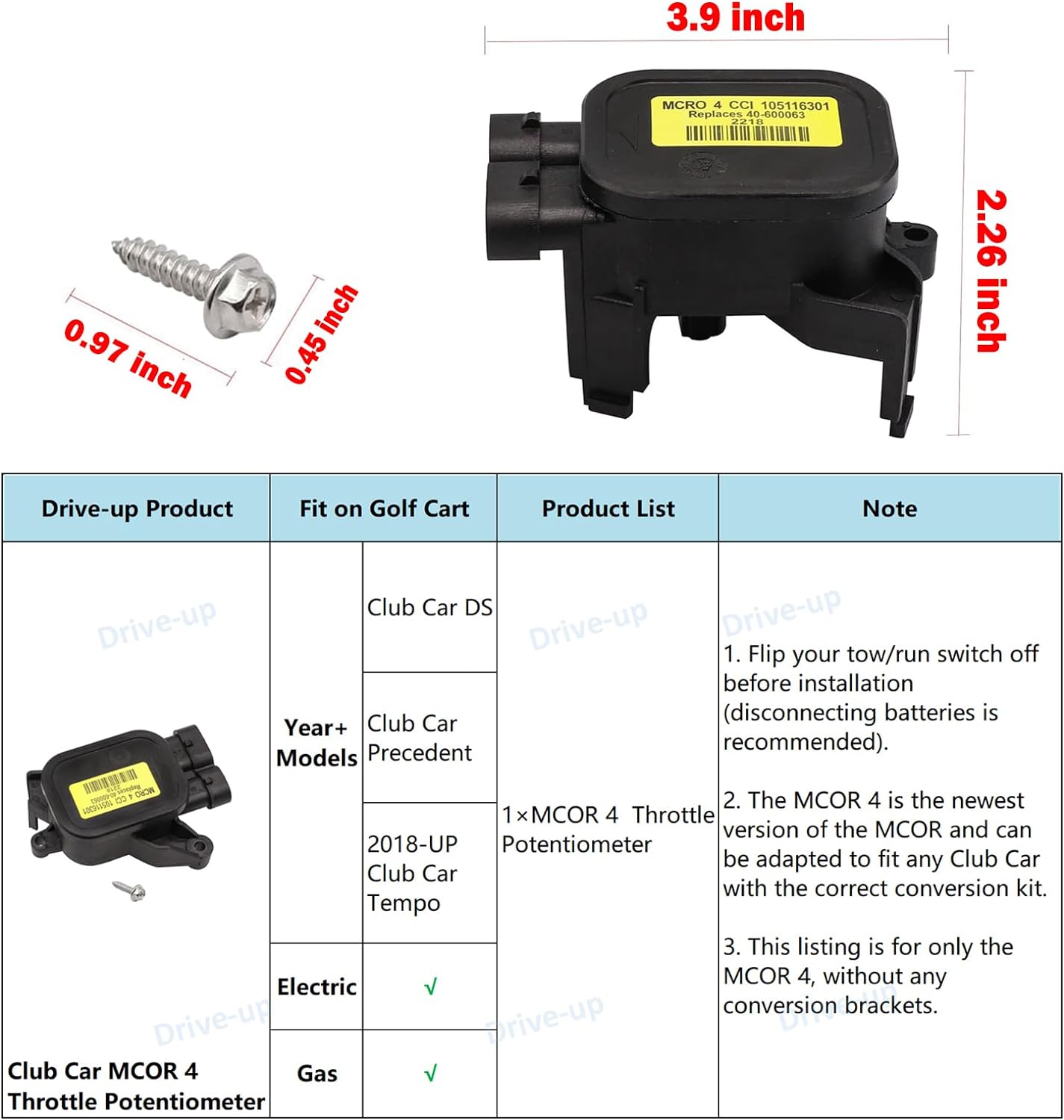 Drive-up MCOR 4 Conversion Throttle Potentiometer-Fits Club Car DS/Carryall - AM293101, 105116301