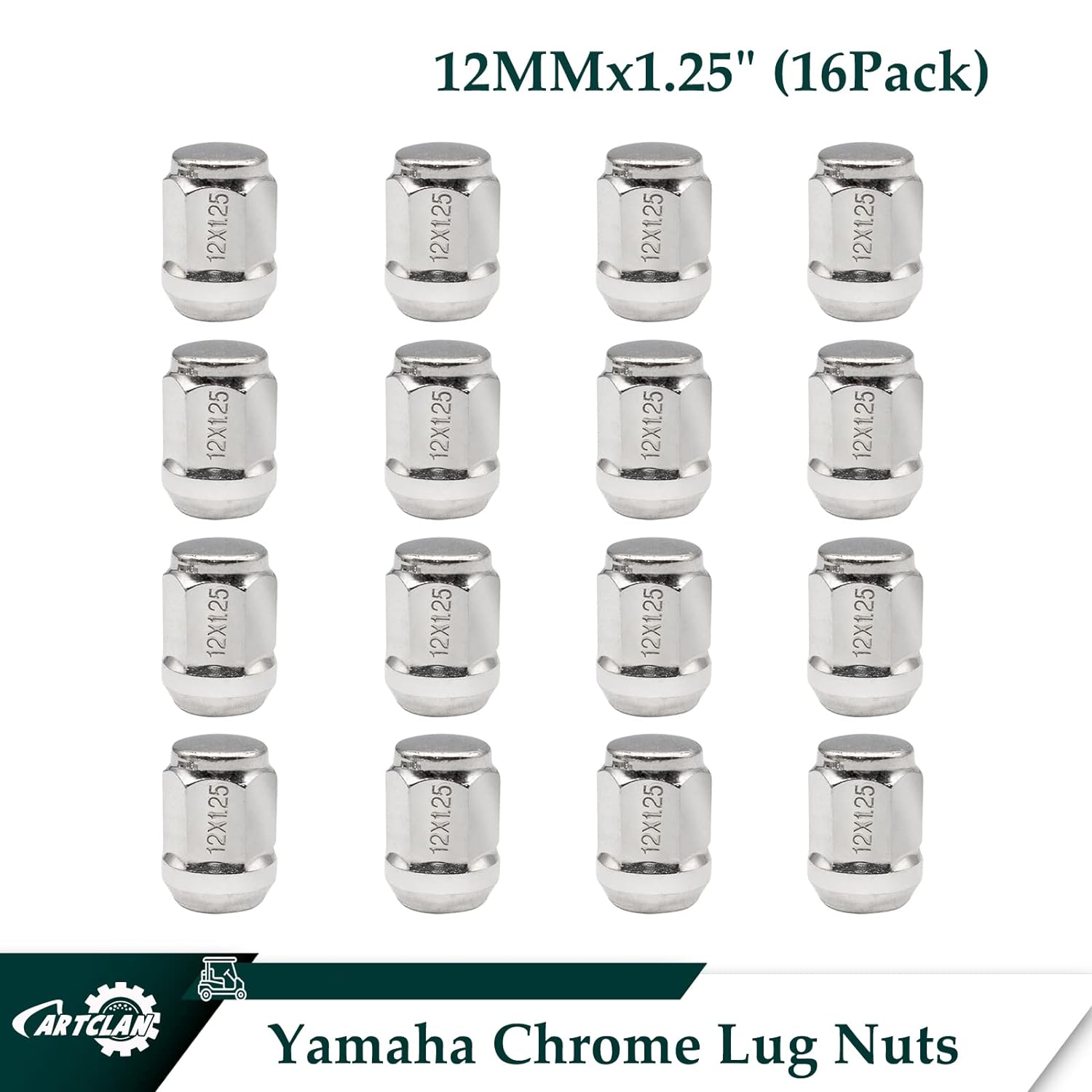 CartClan Golf Cart Chrome Lug Nuts, Suitable for Yamaha/GEM 12MMx1.25 Pack of 16