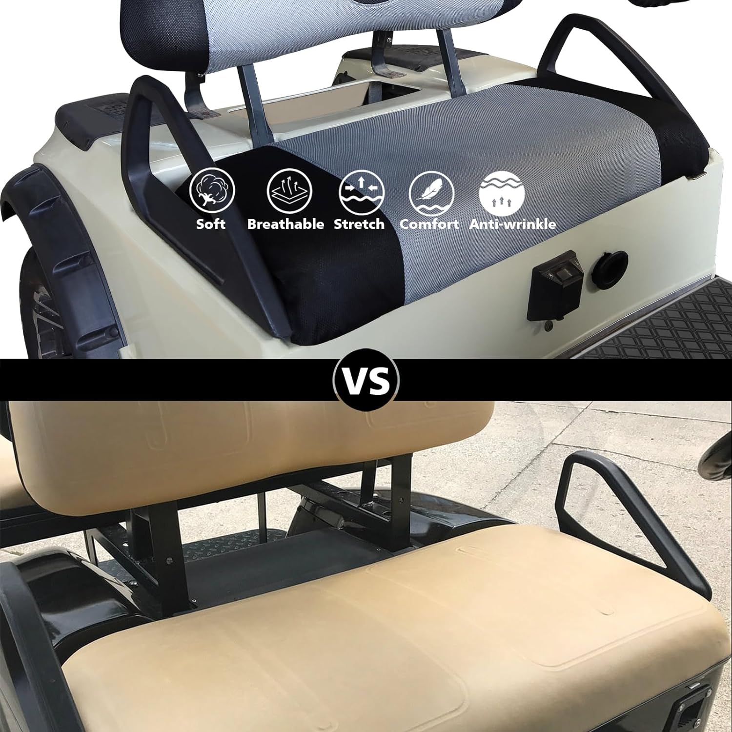 Golf Cart Seat Cover for Club Car, EZGO, Yamaha, Large Breathable Bench Seat Covers, Washable Polyester Mesh Cloth Without Logo - Gray&Black