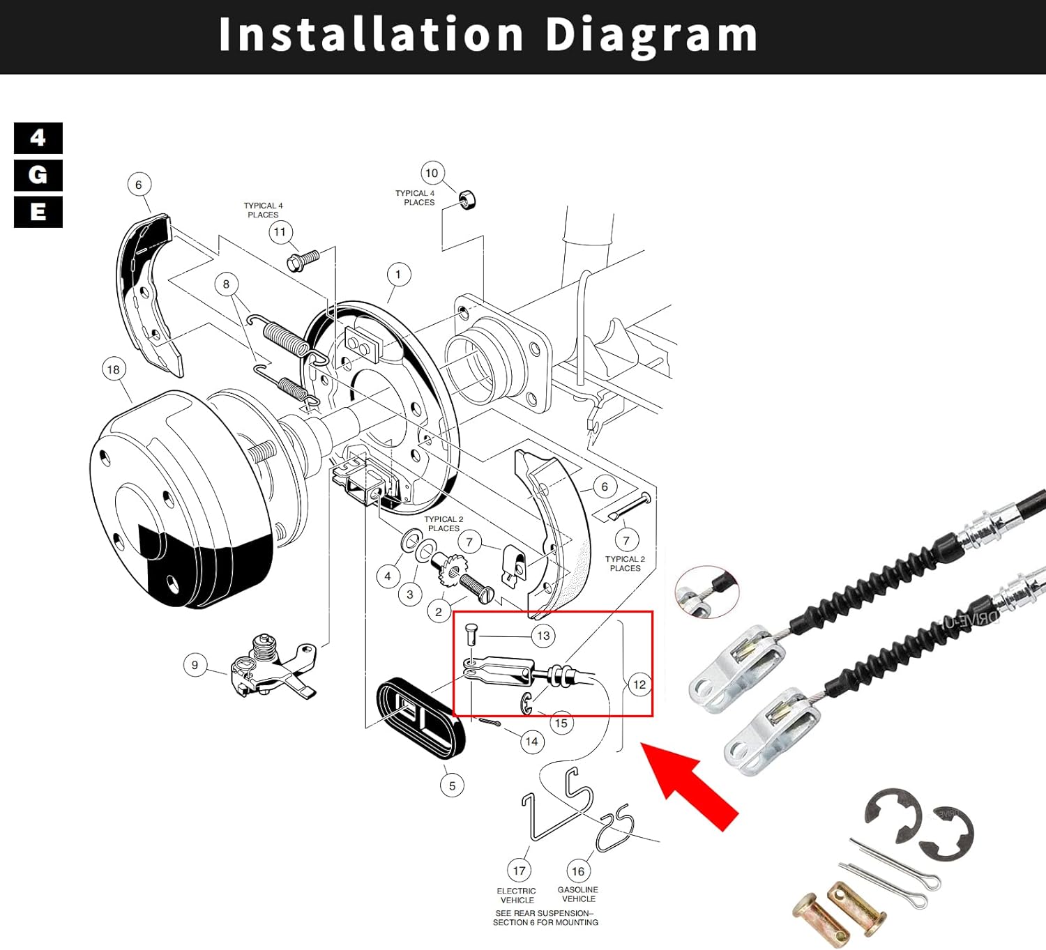 Drive-up Club Car DS Brake Cable Kit Stainless Steel Core 2000-Up 102022101 Driver & Passenger Side Cables