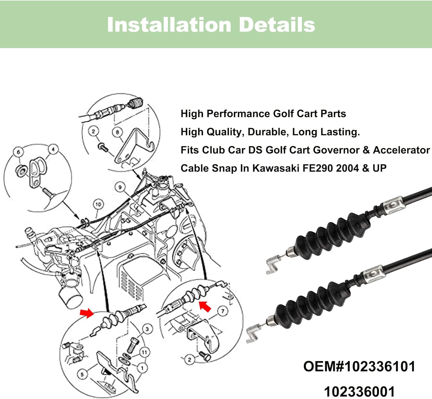 DRIVE-UP Club Car DS Golf Cart Governor & Accelerator Cable Snap in Kawasaki FE290 2004 & UP