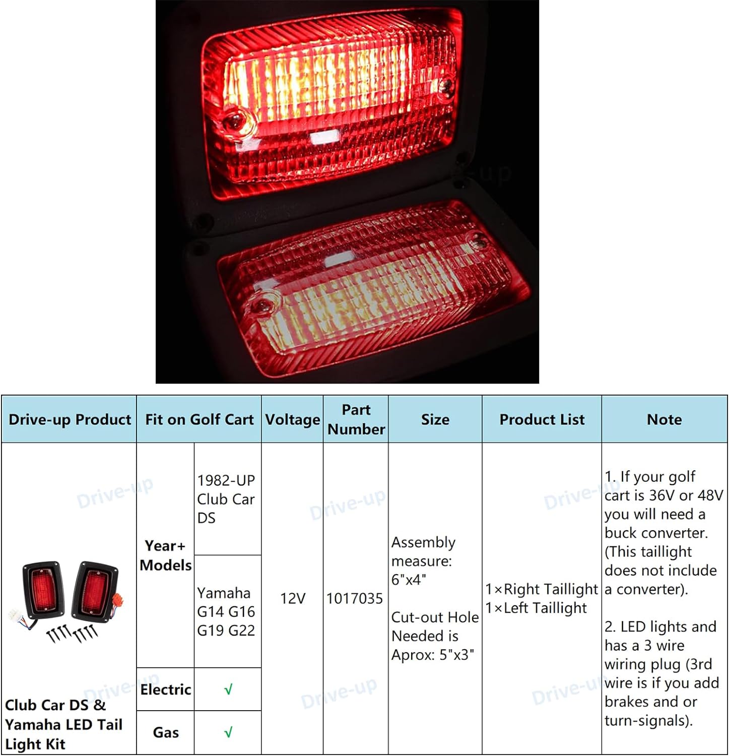 Drive-up LED Tail Light Kit for Club Car DS 1982-Up Golf Cart with 3 Wire Club Car Taillights OEM1017035