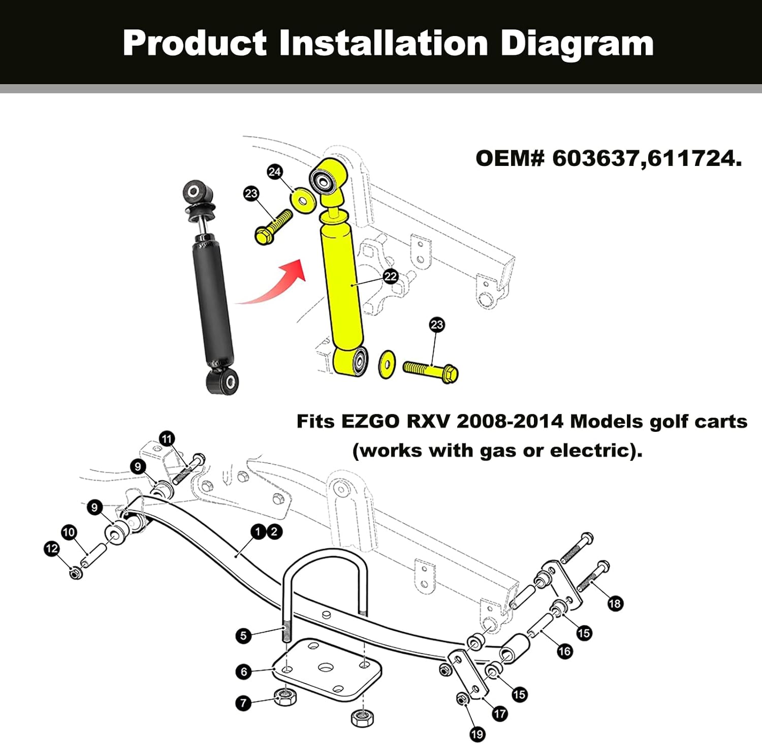 Rear Shock Absorbers for EZGO RXV Golf Cart Gas Electric Models 2008-2014,Replaces 603637 611724 2Pcs