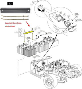 Drive-up Golf Cart Battery Hold Down Plate, Rods, Washers & Nuts,for Club Car DS and Carryall Electric 1998-2005