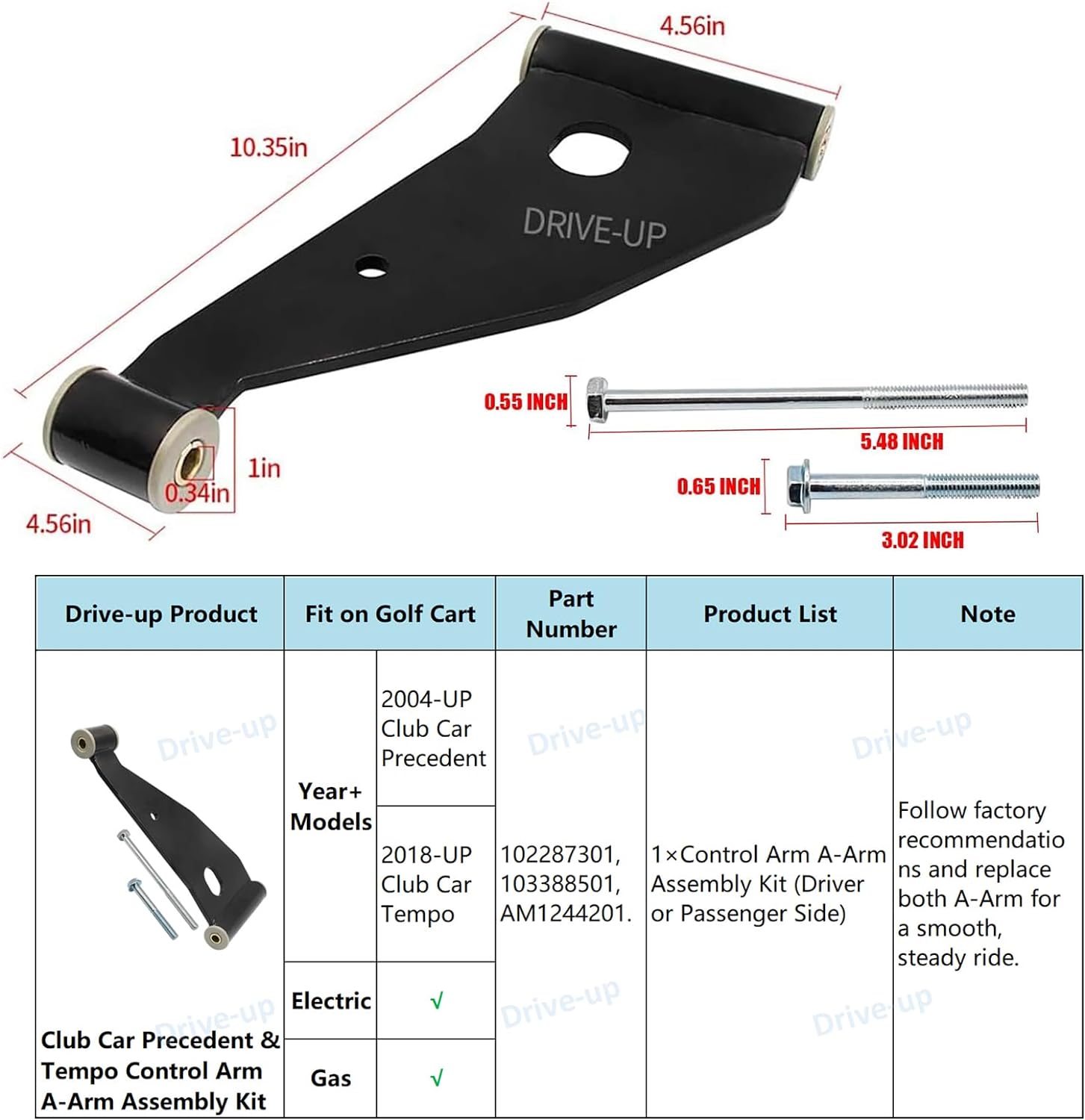 Drive-up Control Arm Delta A-Plate for Club Car Precedent Golf Carts (2004+) 102287301/103388501