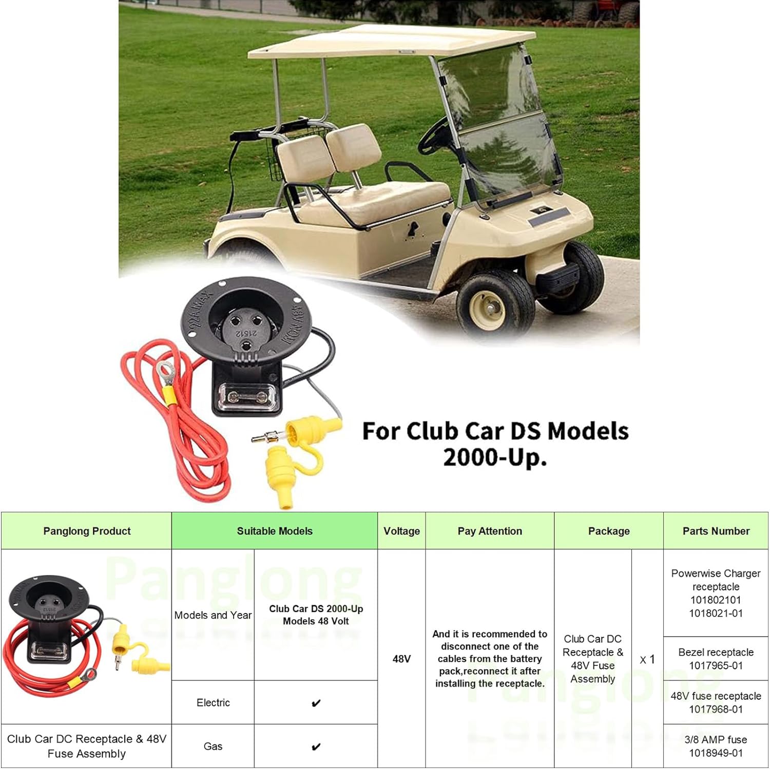 Club Car DS DC Receptacle with 48V Powerdrive Charger Fuse Receptacle,Golf Cart OEM 1018949-01 101802101 1017968-01