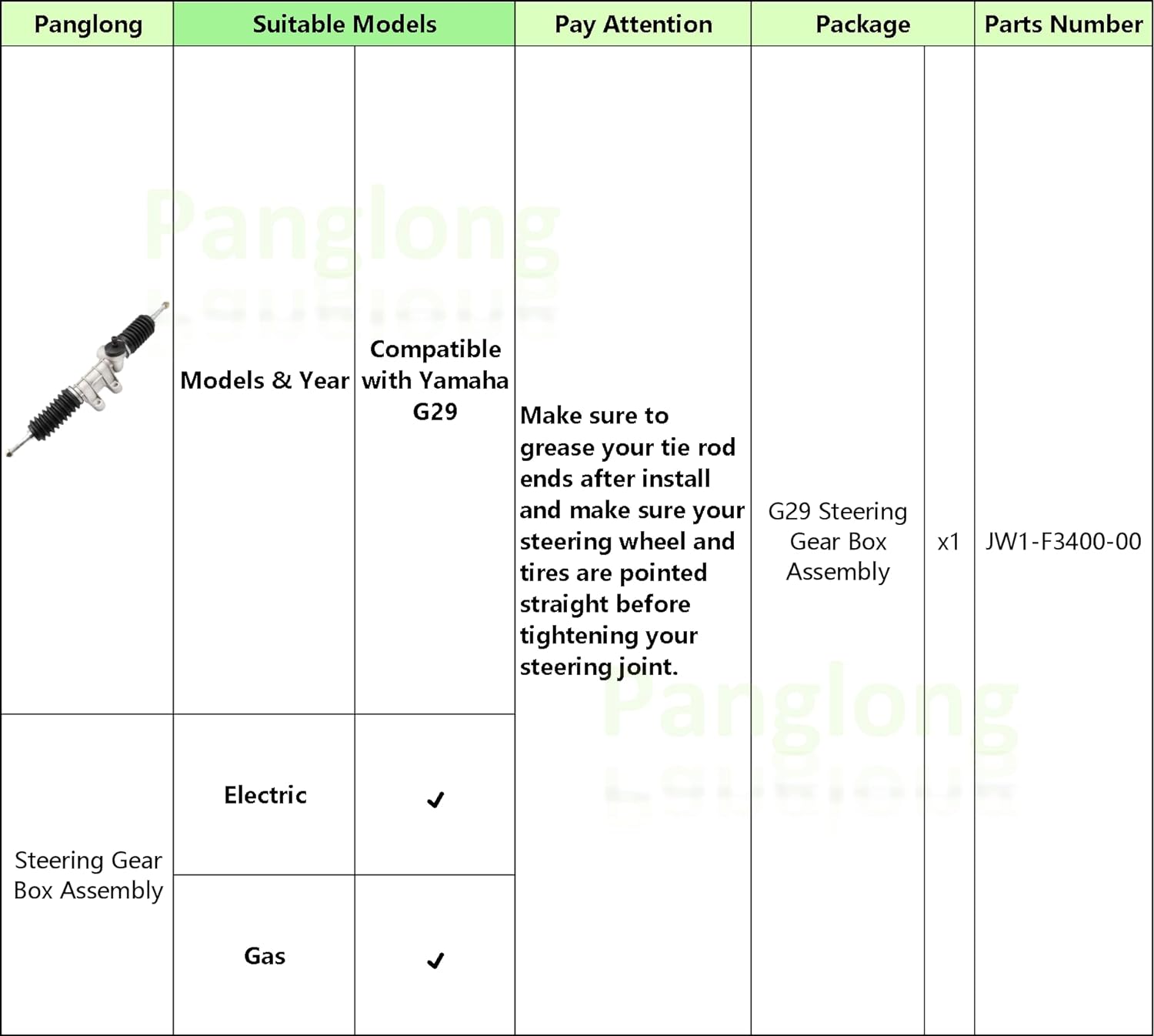 Steering Box Assembly, Suitable for Yamaha Drive G29 Gas or Electric Golf, Replace OEM# JW1-F3400-00