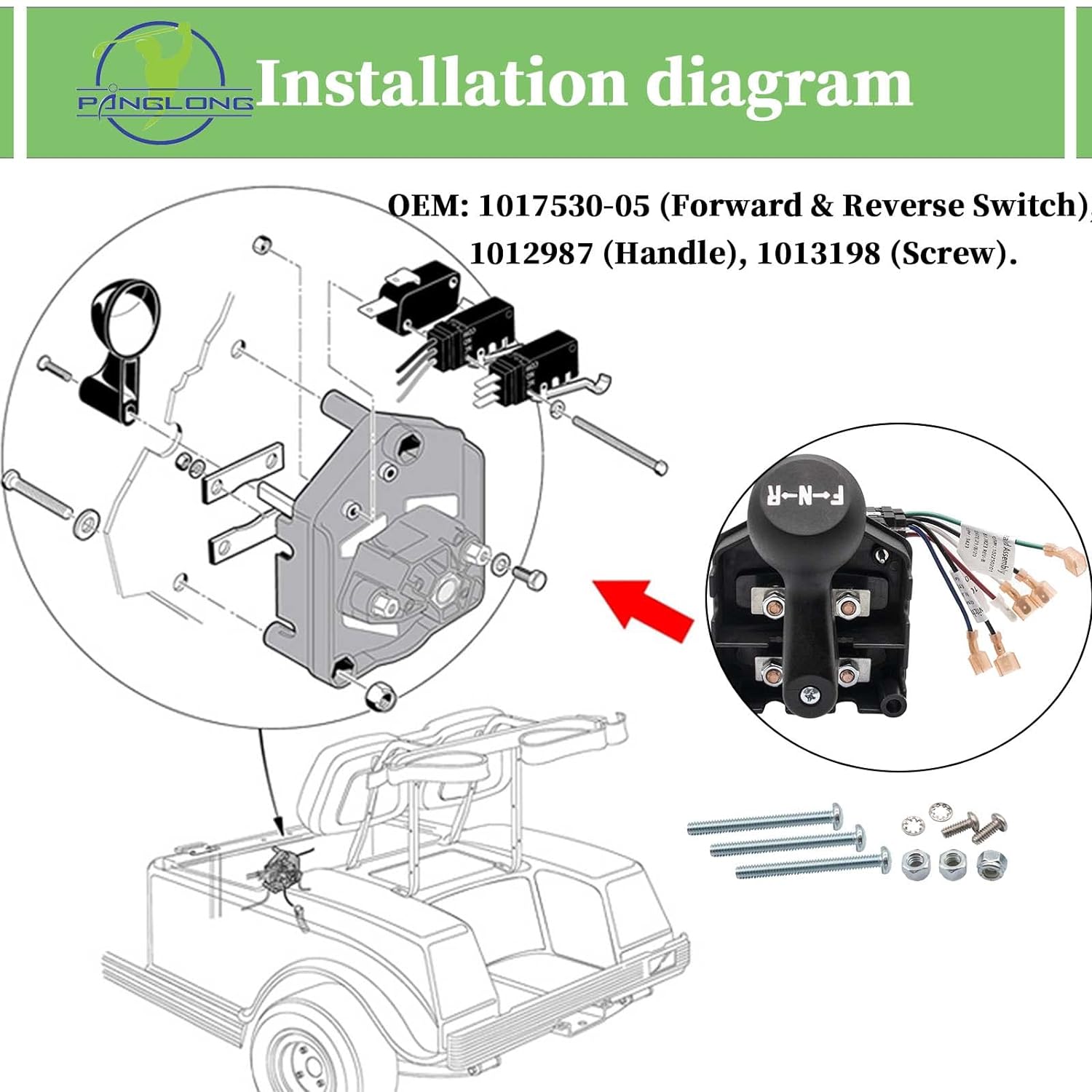 Club Car DS 48 Volt Forward Reverse Switch Assembly with Handle,Micro Switch for 1996-Up OEM# 1017530-05 1012987 1013198