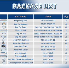 Drive-up Front Lower Arm King Pin & Spindle, Collar & Bushing Repair Kit with Bolt & Nut for Yamaha G&E G22 G29, OEM #91490-25020-00/ 91402-25020-00/ 2NL-23448-00-00/ 90387-12016-00/ 2NL-23517-00