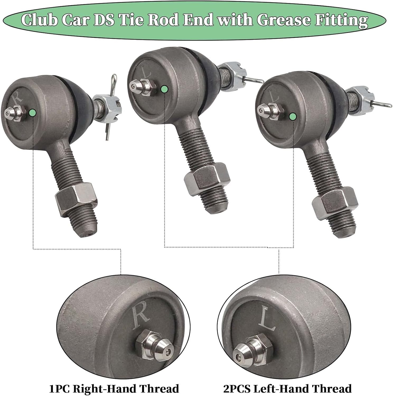 Ball Joint Kit, Club Car DS Tie Rod End with Grease Fitting Fits 1976-2008 Golf Carts Set of 3