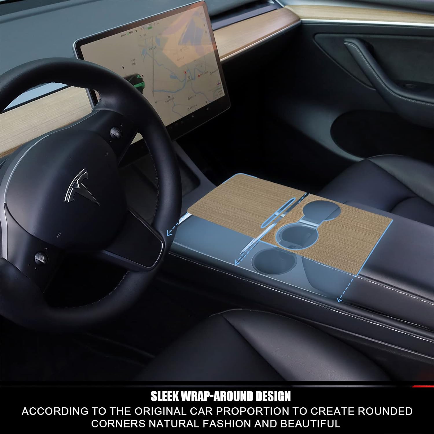 CartClan Tesla Model 3 Model Y 2021 2022 2023 Center Console Wrap Kit Wood Grain Center Console Cover Interior Decoration Wrap Kit for Tesla Accessories