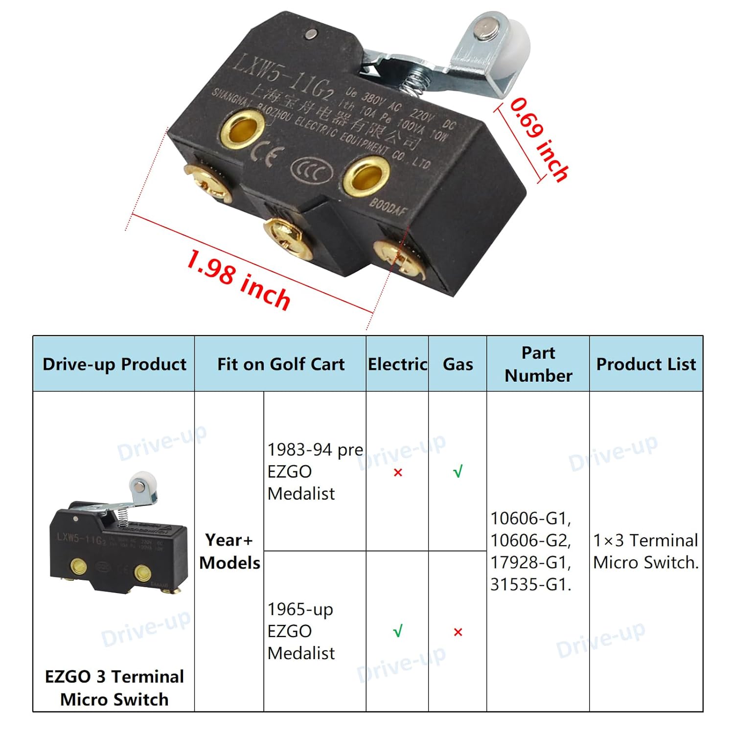 Drive-up 3 Terminal EZGO Micro Switch for EZGO TXT Golf Cart Marathon Switch with Roller OEM 10606-G1 10606-G2 17928-G1 31535-G1