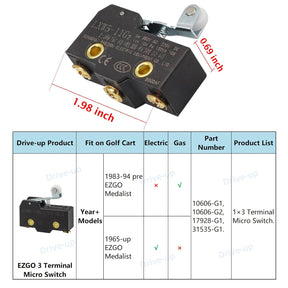 Drive-up 3 Terminal EZGO Micro Switch for EZGO TXT Golf Cart Marathon Switch with Roller OEM 10606-G1 10606-G2 17928-G1 31535-G1